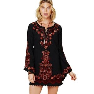 Free People Black‎ Embroidered Long Flare Sleeve Sheath Mini Dress